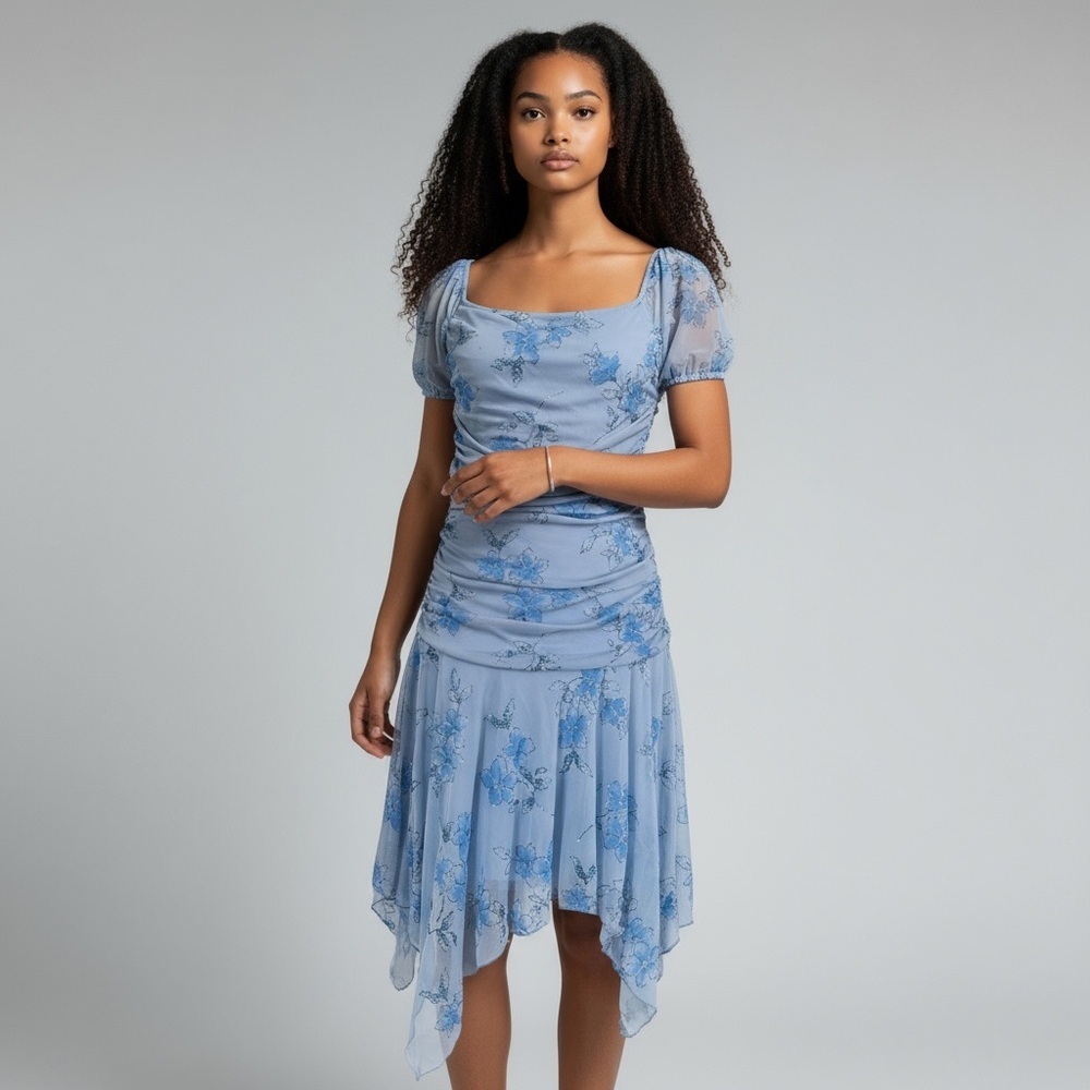 Vintage Y2K “Taboo” Blue Floral Glitter Dress
